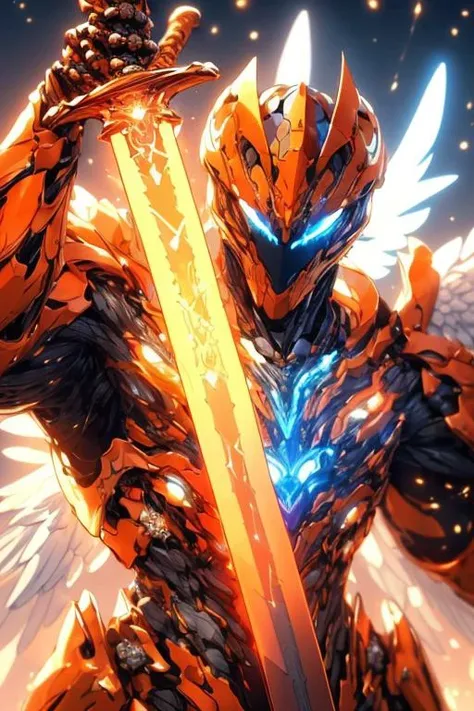(hailoknight, Solo, 1boy wearing orange armor, orange skeleton helmet, glowing blue eyes, orange wings, holding giant blue energy sword infront of him, holding sword:1.3), (simple glowing background:1.25)<lora:add_detail:0.3>, <lora:hailoknightV2E12:1>, masterpiece, best quality, wide-angle, Hyperdetailed, masterpiece, best quality, 8k, natural lighting, soft lighting, sunlight, HDR (High Dynamic Range), Maximum Clarity And Sharpness, Multi-Layered Textures