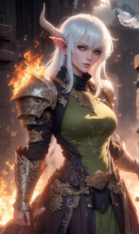 , <lora:hailoknight12:0.8>, hailoknight, (Tiefling Monk:1.2),castle ruin,Chrome Olive green armor,Blue wispy bangs,fighting posture,photoshoot style,intricate,studio lighting, masterpiece, the greatest details, 8k, UHD, HDR, fire and smoke
