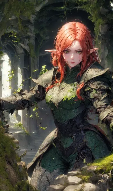 , <lora:hailoknight12:0.8>, hailoknight, (Wood Elf Sorcerer:1.2),castle ruin,Bronze Olive green armor,Orange pixie cut,fighting posture,photoshoot style,intricate,studio lighting, masterpiece, the greatest details, 8k, UHD, HDR, poison ivy and moss