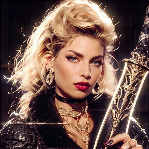 (masterpiece:1.2), (best quality,:1.2), 8k, ultra detailed, ((photorealistic)), professional light, cinematic lighting, fashion photography, ambient lighting, face lighting, Samantha, <lora:Samantha-10:1>, ((cowboy shot)), necklace, choker, earrings, dark makeup, dark lipstick, dynamic pose, long and messy wild hair, as barbarian warrior, <lora:hailoknightV2E12:1>, holding intricate sword, holding weapon, wearing leather and fur armor