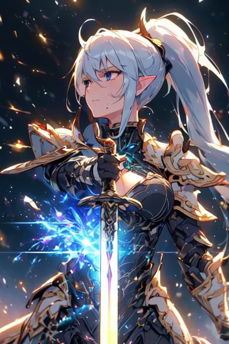 (best quality:1.2) (4k:1.) (very high resolution:1.1) , (realistic photograph:1.1) , (ultra detailed CG:1.1) ,
1girl elf , solo , (detailed face:1) , (small breasts:1) , (silver ponytail:1) ,
<lora:hailoknight12:1> (hailoknight:1) , (holding sword:1) , armored metal mask , glowing luxurious sword , movement , spark , light particles , determined , sweat , perspective , from side , looking away , upper body , lay tracing , stone architecture , <lora:epiNoiseoffset_v2-pynoise:1> (rim lighting:1)