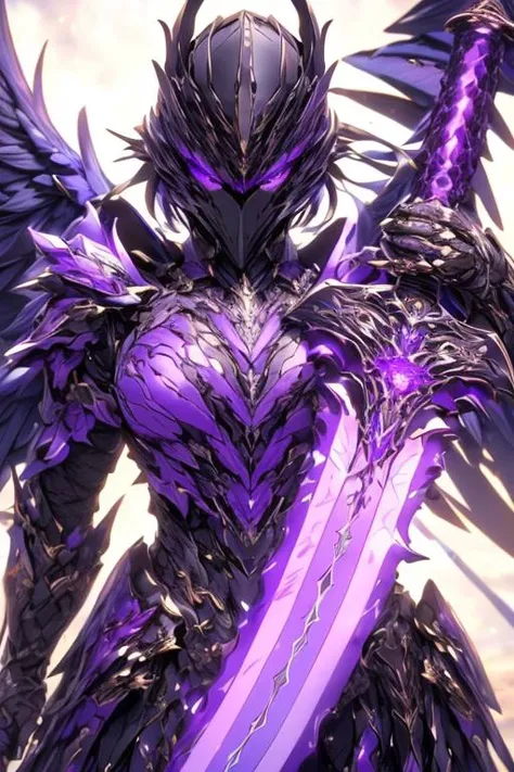 (hailoknight, Solo, 1girl wearing black armor, beautiful purple eyes, purple raven helmet, purple wings, holding giant purple energy sword infront of her, holding sword:1.3), (simple glowing background:1.25)<lora:add_detail:0.3>, <lora:hailoknightV2E12:1>, masterpiece, best quality, wide-angle, Hyperdetailed, masterpiece, best quality, 8k, natural lighting, soft lighting, sunlight, HDR (High Dynamic Range), Maximum Clarity And Sharpness, Multi-Layered Textures