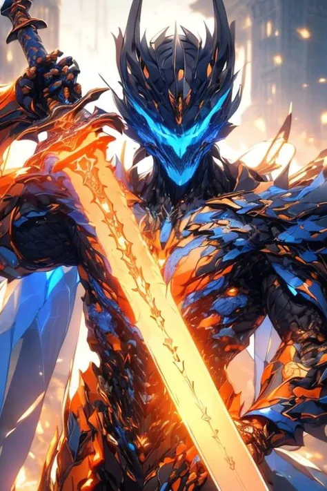 (hailoknight, Solo, 1boy wearing orange armor, orange skeleton helmet, glowing blue eyes, orange wings, holding giant blue energy sword infront of him, holding sword:1.3), (simple glowing background:1.25)<lora:add_detail:0.3>, <lora:hailoknightV2E12:1>, masterpiece, best quality, wide-angle, Hyperdetailed, masterpiece, best quality, 8k, natural lighting, soft lighting, sunlight, HDR (High Dynamic Range), Maximum Clarity And Sharpness, Multi-Layered Textures