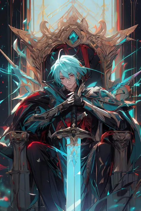 (masterpiece, extreme details:1.4), 1boy, aqua_hair, red_eyes, beautiful face, magic aura, high contrast, light reflection
glowing, colorful, detailled background, red_throne, perfect geometry
<lora:hailoknight12:0.8> hailoknight, holding 1sword