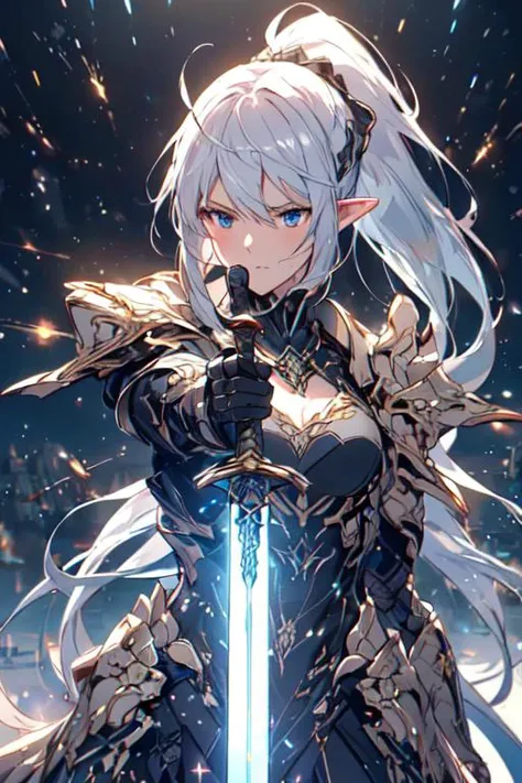 (best quality:1.2) (4k:1.) (very high resolution:1.1) , (realistic photograph:1.1) , (ultra detailed CG:1.1) ,
1girl elf , solo , (detailed face:1) , (small breasts:1) , (silver ponytail:1) ,
<lora:hailoknight12:1> (hailoknight:1) , (holding sword:1) , armored metal mask , glowing luxurious sword , movement , spark , light particles , determined , sweat , perspective , from side , looking away , upper body , lay tracing , stone architecture , <lora:epiNoiseoffset_v2-pynoise:1> (rim lighting:1)