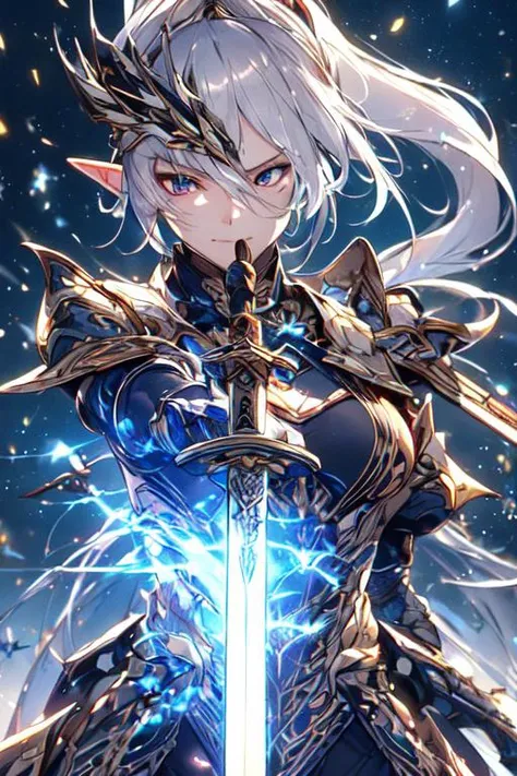 (best quality:1.2) (4k:1.) (very high resolution:1.1) , (realistic photograph:1.1) , (ultra detailed CG:1.1) ,
1girl elf , solo , (detailed face:1) , (small breasts:1) , (silver ponytail:1) ,
<lora:hailoknight12:1> (hailoknight:1) , (holding sword:1) , armored metal mask , glowing luxurious sword , movement , spark , light particles , determined , sweat , perspective , from side , looking away , upper body , lay tracing , stone architecture , <lora:epiNoiseoffset_v2-pynoise:1> (rim lighting:1)