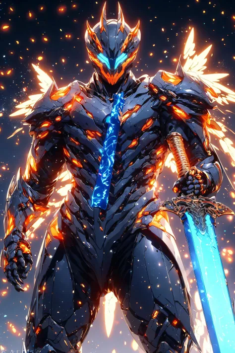 (hailoknight, Solo, 1boy wearing orange armor, orange skeleton helmet, glowing blue eyes, orange wings, holding giant blue energy sword infront of him, holding sword:1.3), (simple glowing background:1.25)<lora:add_detail:0.3>, <lora:hailoknightV2E12:1>, masterpiece, best quality, wide-angle, Hyperdetailed, masterpiece, best quality, 8k, natural lighting, soft lighting, sunlight, HDR (High Dynamic Range), Maximum Clarity And Sharpness, Multi-Layered Textures