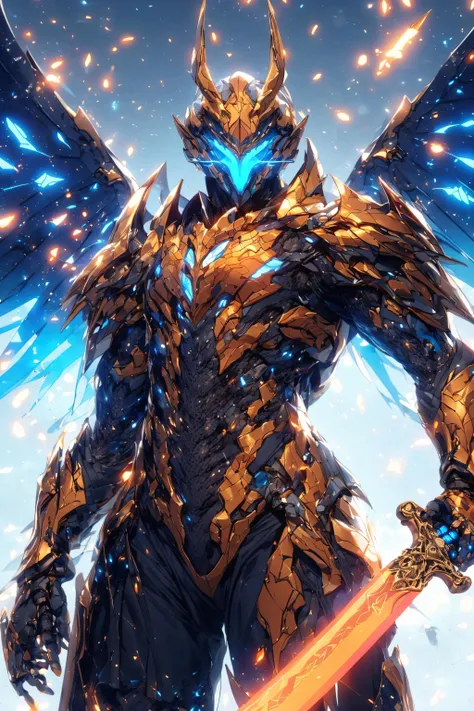 (hailoknight, Solo, 1boy wearing orange armor, orange skeleton helmet, glowing blue eyes, orange wings, holding giant blue energy sword infront of him, holding sword:1.3), (simple glowing background:1.25)<lora:add_detail:0.3>, <lora:hailoknightV2E12:1>, masterpiece, best quality, wide-angle, Hyperdetailed, masterpiece, best quality, 8k, natural lighting, soft lighting, sunlight, HDR (High Dynamic Range), Maximum Clarity And Sharpness, Multi-Layered Textures