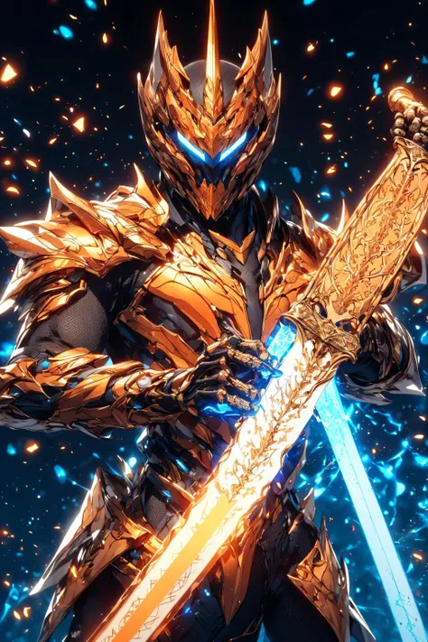 (hailoknight, Solo, 1boy wearing orange armor, orange skeleton helmet, glowing blue eyes, orange wings, holding giant blue energy sword infront of him, holding sword:1.3), (simple glowing background:1.25)<lora:add_detail:0.3>, <lora:hailoknightV2E12:1>, masterpiece, best quality, wide-angle, Hyperdetailed, masterpiece, best quality, 8k, natural lighting, soft lighting, sunlight, HDR (High Dynamic Range), Maximum Clarity And Sharpness, Multi-Layered Textures
