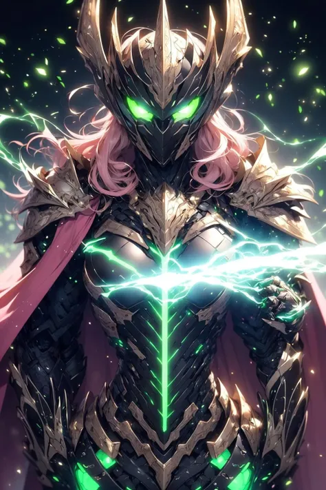 (hailoknight, Solo, 1girl wearing green armor, black helmet, pink magic, glowing green eyes, cape:1.3), (black simple glowing background:1.25)<lora:add_detail:0.3>, <lora:hailoknight12:1>, masterpiece, best quality, wide-angle Hyperdetailed, masterpiece, best quality, 8k, natural lighting, soft lighting, sunlight, HDR (High Dynamic Range), Maximum Clarity And Sharpness, Multi-Layered Textures,