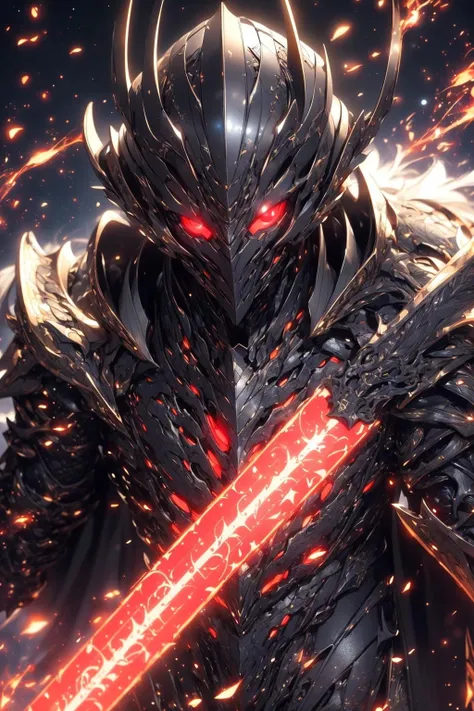 (hailoknight, Solo, 1boy wearing black armor, black helmet, red magic, glowing red eyes, cape:1.3), (black simple glowing background:1.25)<lora:add_detail:0.3>, <lora:hailoknight12:1>, masterpiece, best quality, wide-angle Hyperdetailed, masterpiece, best quality, 8k, natural lighting, soft lighting, sunlight, HDR (High Dynamic Range), Maximum Clarity And Sharpness, Multi-Layered Textures,