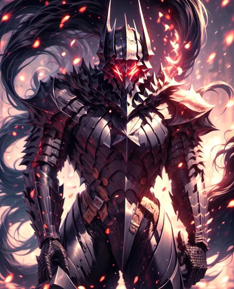 highres, <lora:Style-add_detail:1>,High quality,(Beautiful), ((masterpiece)),vibrant colors,1boy, guts \(berserk\), male focus, arms, biceps, strong muscles,scar on face, short black hair,  bandages,right eye closed, patch of white hair,<lora:berserk_guts:1> <lora:hailoknightV2E12:1> extremely angry face,(hailoknight,armor, shoulder armor, black armor,black cape,Giant Greatsword, glowing red eyes), HDR (High Dynamic Range), Maximum Clarity And Sharpness, Multi-Layered Textures,hyperdetailed,