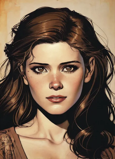 Comic Style, Illustration, Line Art, Comic Poster, Realistic a realistic gritty photo of drunk sks woman , in 1980s, beautiful painting with highly detailed face by greg rutkowski and magali villanueve, <lora:locon_katemara_v1_from_v1_64_32:1.25>