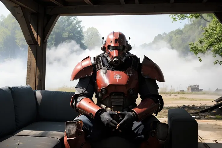 hdr, power armor, black and red armor, sitting, on dirty sofa,
outside,sunny, ruins, washington dc, foggy, dull colors, dynamic shot
<lora:t60:.8> extremely detailed, natural lighting, absurdres