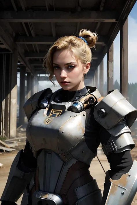 hdr, power armor, titanium, woman, tan skin, blonde hairbun, standing, close up shot, looking at viewer, serious, 
outside,sunny, ruins, washington, pentagon, foggy, dull colors,
<lora:t60:.8> extremely detailed,  natural lighting, absurdres