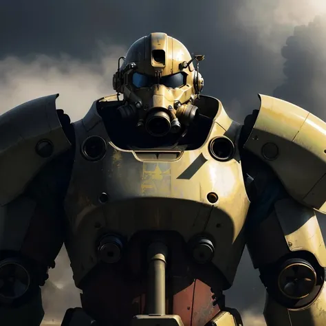 hdr, power armor, looking at viewer, standing,
outside,sunny, foggy, dull colors, close up shot, 
<lora:t60:.8> extremely detailed,  dynamic light, absurdres