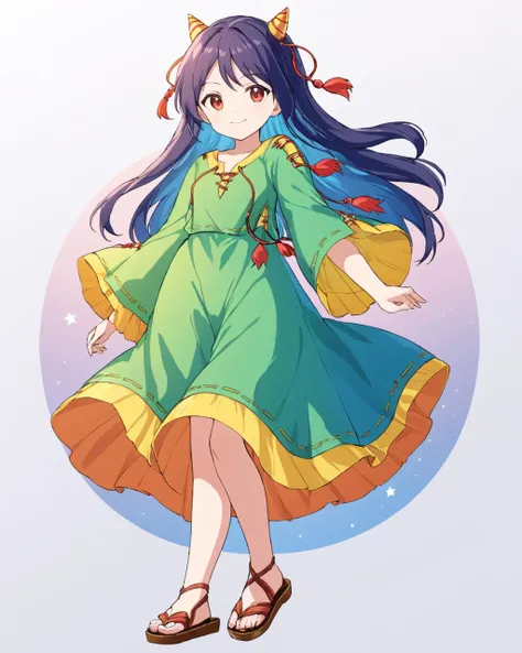 nippaku zanmu,1girl, solo, smile, looking_at_viewer, horns, long_sleeves, white_background, dress, closed_mouth, sandals
<lora:nippaku_zanmu_image235_2023-12-20:1>,star-shaped_pupils,symbol-shaped_pupils,. gorgeous,key visual, vibrant, studio anime,award-winning, professional, highly detailed,high budget, cinemascope