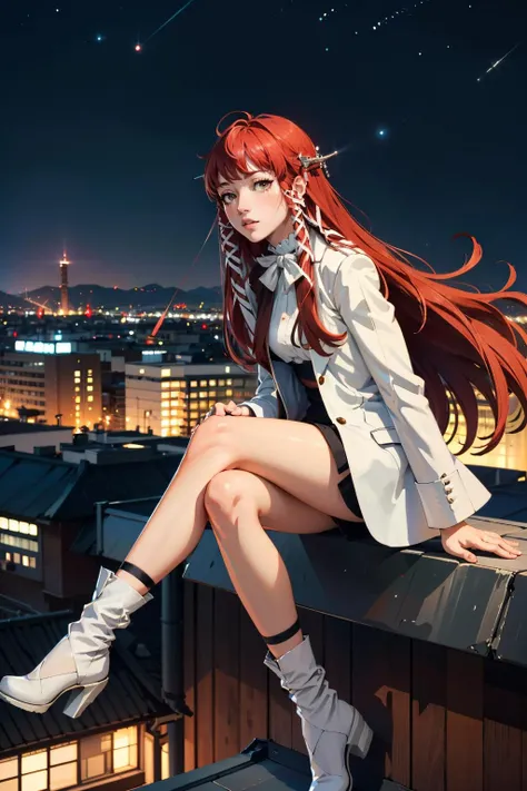 (masterpiece, best quality, high quality, highres),
1girl, best shadow, red hair, white shirt, black tie, no panties, sexy
(cityscape:1.3), (starry sky:1.3),
