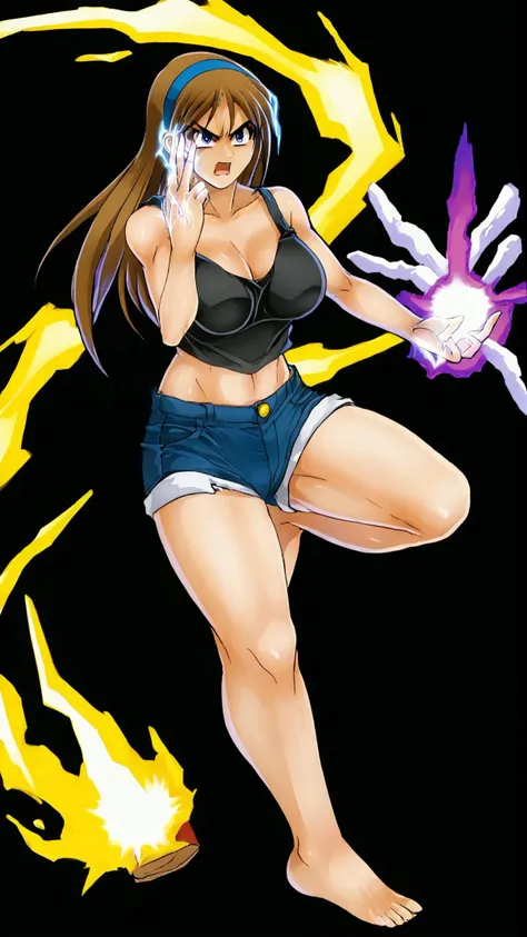 <lora:Erika_LWHG_Pony_V1:0.8> JagoErika, source_cartoon, 1girl, long hair, large breasts, hair band, denim shorts, black tank top, cleavage, v-shaped eyebrows, <lora:makankosappo charge:0.8> makankosappo charge, finger on forehead, energy on finger, electricity, aura, fighting stance, <lora:feh-style-richy-v1_pdxl:0.8> fehspc, full body, standing, black background,, score 9, score 8 up, score 7 up, score 6 up, score 5 up, score 4 up,