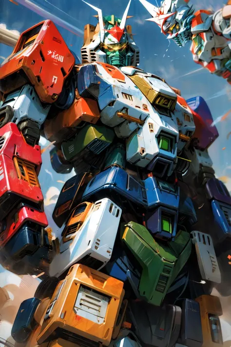 masterpiece, best quality, ultra detailed, hires, illustration, depth of field,sky,robot,no humans, mecha,(cowboy shot:1.5),
<lora:rainbowseven:0.9>rainbowseven,fighting,sun mark on forehead,yellow eyes,green face,