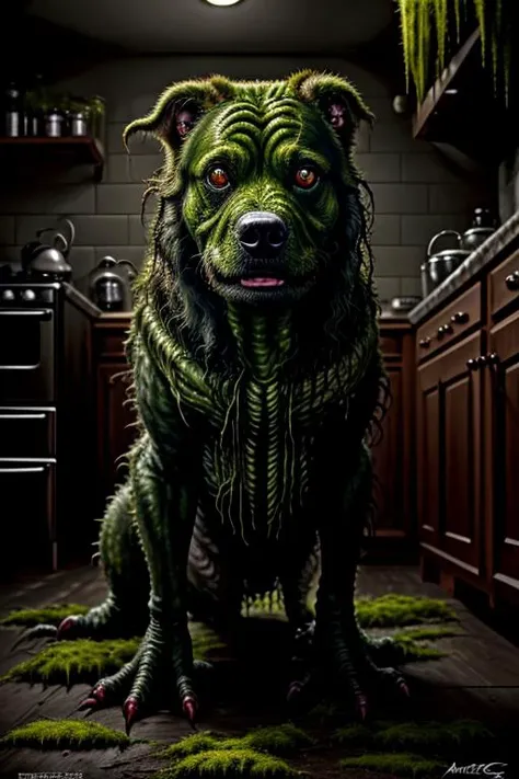 ( swampstyle monster:1.1) dog in a kitchen , (horror:1.2), nightimare fuel ,( full body shot:1.0) , (8k uhd) RAW proffesional photograph, (photorealistic:1.4), high resolution, detailed, raw photo, sharp details, rich colors, hyper realistic, lifelike texture, dramatic lighting, trending on artstation <lora:swampstyle:0.7>