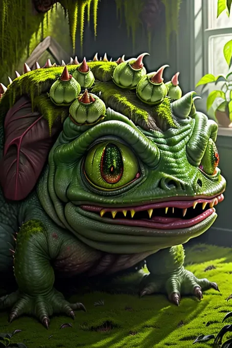 <lora:swampstyle:0.9> (swampstyle monster:1.0) bulbasaur pokemon, horror , close up , in a house , (8k uhd) RAW proffesional photograph, (photorealistic:1.4), high resolution, detailed, raw photo, sharp details, rich colors, hyper realistic, lifelike texture, dramatic lighting, trending on artstation