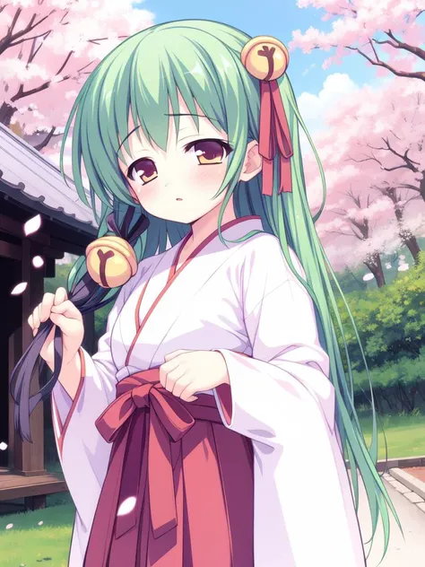 <lora:TachibanaYuzu:0.8>TachibanaYuzu, green hair, long hair, hair bell, hair ornament, ribbon,1boy, otoko no ko, soro, blush,
japanese white clothes, miko, red hakama, shrine, cherry blossom,
masterpiece, high quality, very_high_resolution, large_filesize, full color,