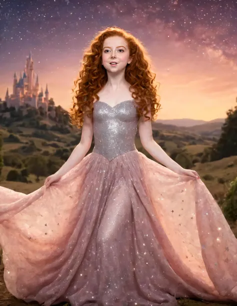 In this magical scene, Francesca Capaldi seamlessly transforms into a mesmerizing enchantress adorned in her otherworldly mystical gown that dazzles with glistening stars cascading across its fabric. As she stands tall within the ethereal fantasy landscape, radiating an air of effortless strength and grace, the low-angle perspective captures her regal posture and enchantingly illuminated features, creating a wondrous visual that immerses viewers into a mesmerizing world filled with mystery and wonder. <lora:nowoxm18f8e4b57f8o214:1>