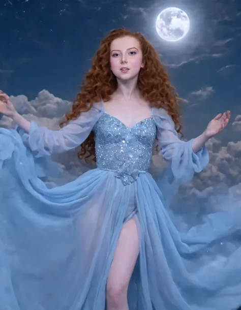 In this mesmerizing scene, Francesca Capaldi appears as a captivating magical being, clothed in a mystical gown made of shimmering fabric that illuminates her ethereal presence while she gracefully poses against the backdrop of otherworldly clouds and a celestial night sky, effortlessly conducting cosmic harmony with one hand caressing a glowing orb as enchanting fantasies unfold around her. <lora:nowoxm18f8e4b57f8o214:1>