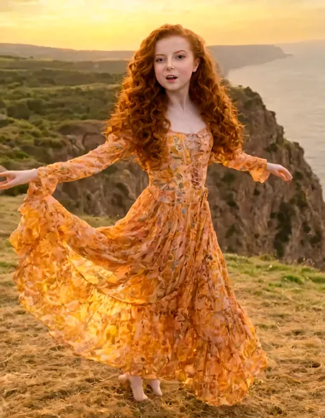 Actress Francesca Capaldi, radiating as a free-spirited character, dances in her vibrant, bohemian dress with intricate patterns, capturing both the sunset's golden rays and the scenic cliff's breathtaking landscape behind her, illustrating an enchanting scene where nature and artistry come alive. <lora:nowoxm18f8e4b57f8o214:1>