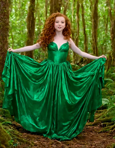 Francesca Capaldi, in her role as the embodiment of nature's grace, floats effortlessly within Francesca Capaldi's magical realm - a surreal fantasy world where a tranquil forest thrives, as a confident woman clad in her flowing gown crafted from shimmering emerald silks, stands radiantly beaming an ethereal smile, framed by the lens of a mysterious camera that captures her every enchanting moment with grace and elegance. <lora:nowoxm18f8e4b57f8o214:1>