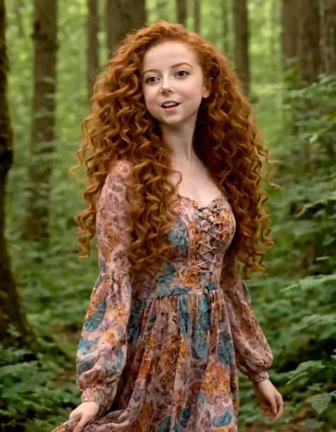 Amidst a mystical enchanted forest, Francesca Capaldi radiates confidence as she glides in her bohemian dress, adorned with mesmerizing vibrant patterns, striking poised poses while capturing every moment from low-angled perspectives that exquisitely showcase the ethereal beauty of both nature and fashion. <lora:rymtwz18f8e402360u1e5:1>