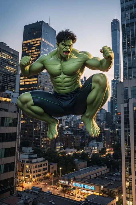 1 girl, gigantic breasts, solo, city, night, distance, nightlife, (hulk:1.4), she-hulk, muscular, big monster girl, full body, (jumping:1.5), (high-jump:1.6), building, sky, (realistic, realistic_background, high_resolution, distinct_image:1.2), (extremely intricate, detailed light, detailed shadow:1.1), (F4, 1/800s, ISO 100, RAW)