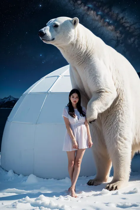 1 girl, gigantic breasts, solo, starry sky, aura, arctic, whtie polar bear, igloo, sea, full body,, (realistic, realistic_background, high_resolution, distinct_image:1.2), (extremely intricate, detailed light, detailed shadow:1.1), (F4, 1/800s, ISO 100, RAW)