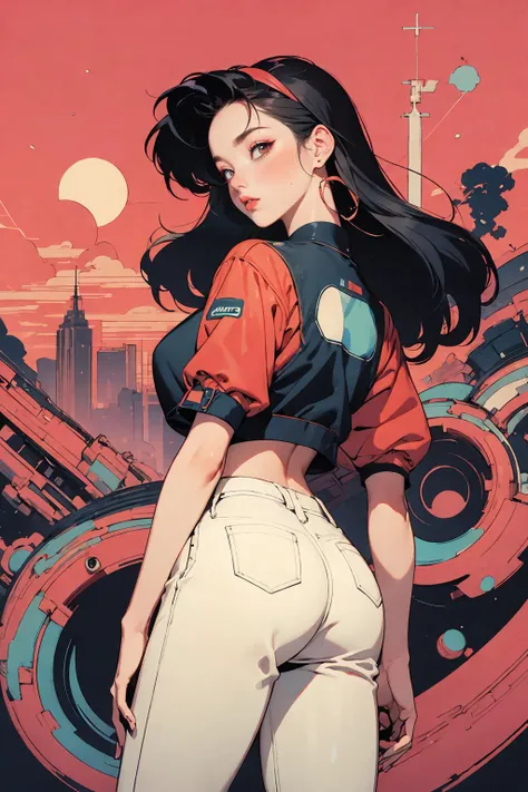 woman, 90's, retro, crop top, (flat colors, flat texture, lineart:1.2), gigantic breasts, graphical design, view from behind
<lora:AstrAnime_RETRO:1>