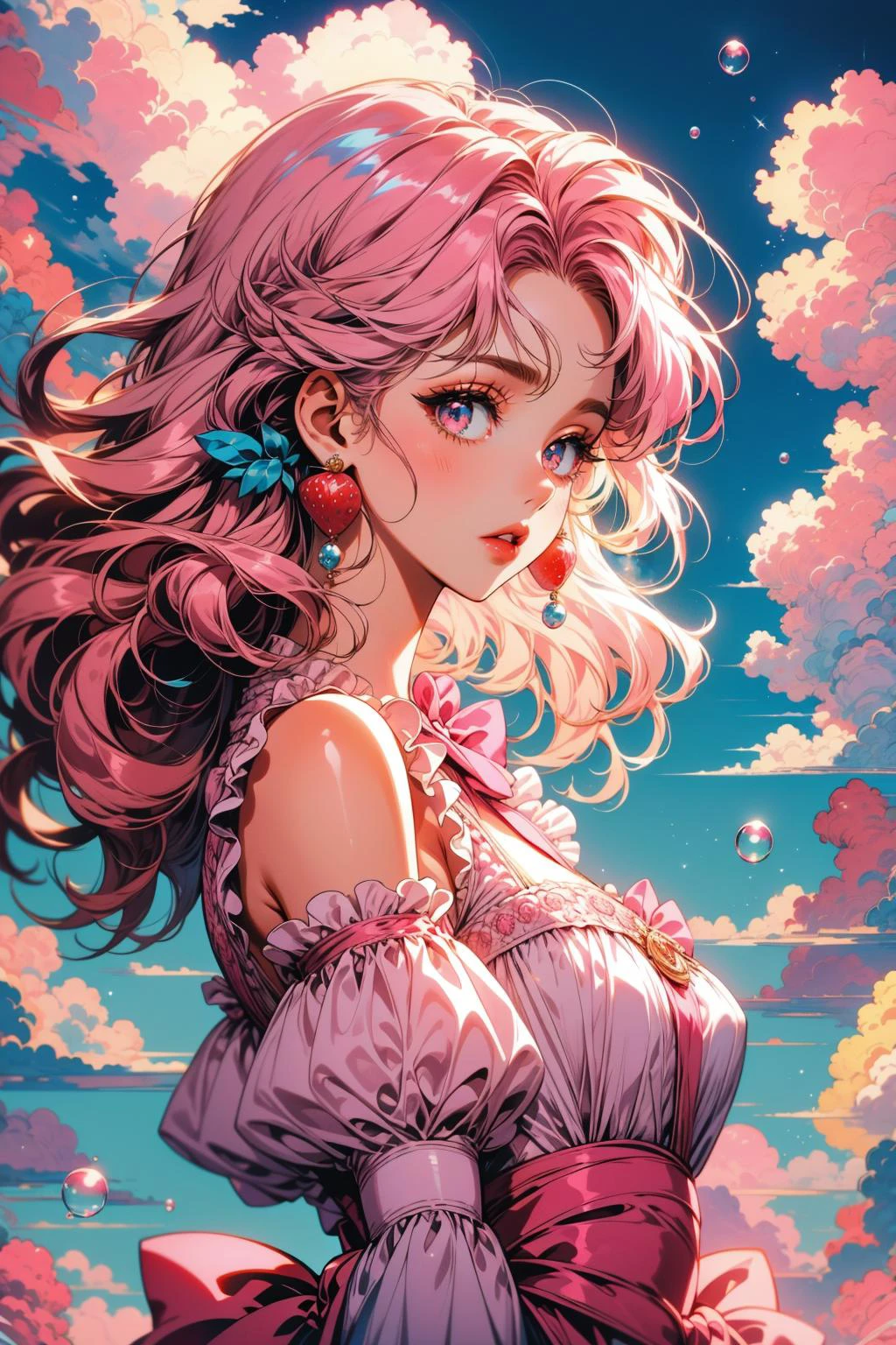 (masterpiece:1.1), (best quality:1.1), (vibrant colors:1.2), BREAK,
(pink and blue:1.2), (clouds:1.0), <lora:AstrAnime_RETRO:1.0>, BREAK,
(side view:1.0), (1girl:1.0), (frilled dress:1.0), (puffy dress:1.0), (strawberry earrings:1.2), (bubbles:1.2), (pink hair:1.1), (blue bow:1.0), (looking at viewer:1.2), (parted lips:1.0), (bare shoulders:1.0), (among the clouds:1.0)