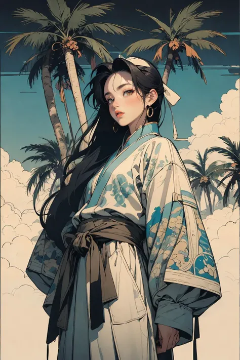 Ming Dynasty, palm tree, 90's, (flat colors, flat texture, lineart:1.2), graphical design, (heavy ink, ink blacks), 
<lora:AstrAnime_RETRO:1>