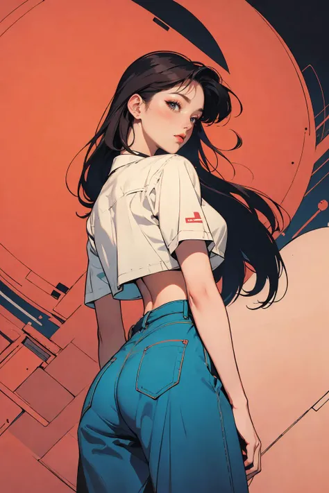 woman, 90's, retro, crop top, (flat colors, flat texture, lineart:1.2), gigantic breasts, graphical design, view from behind
<lora:AstrAnime_RETRO:1>