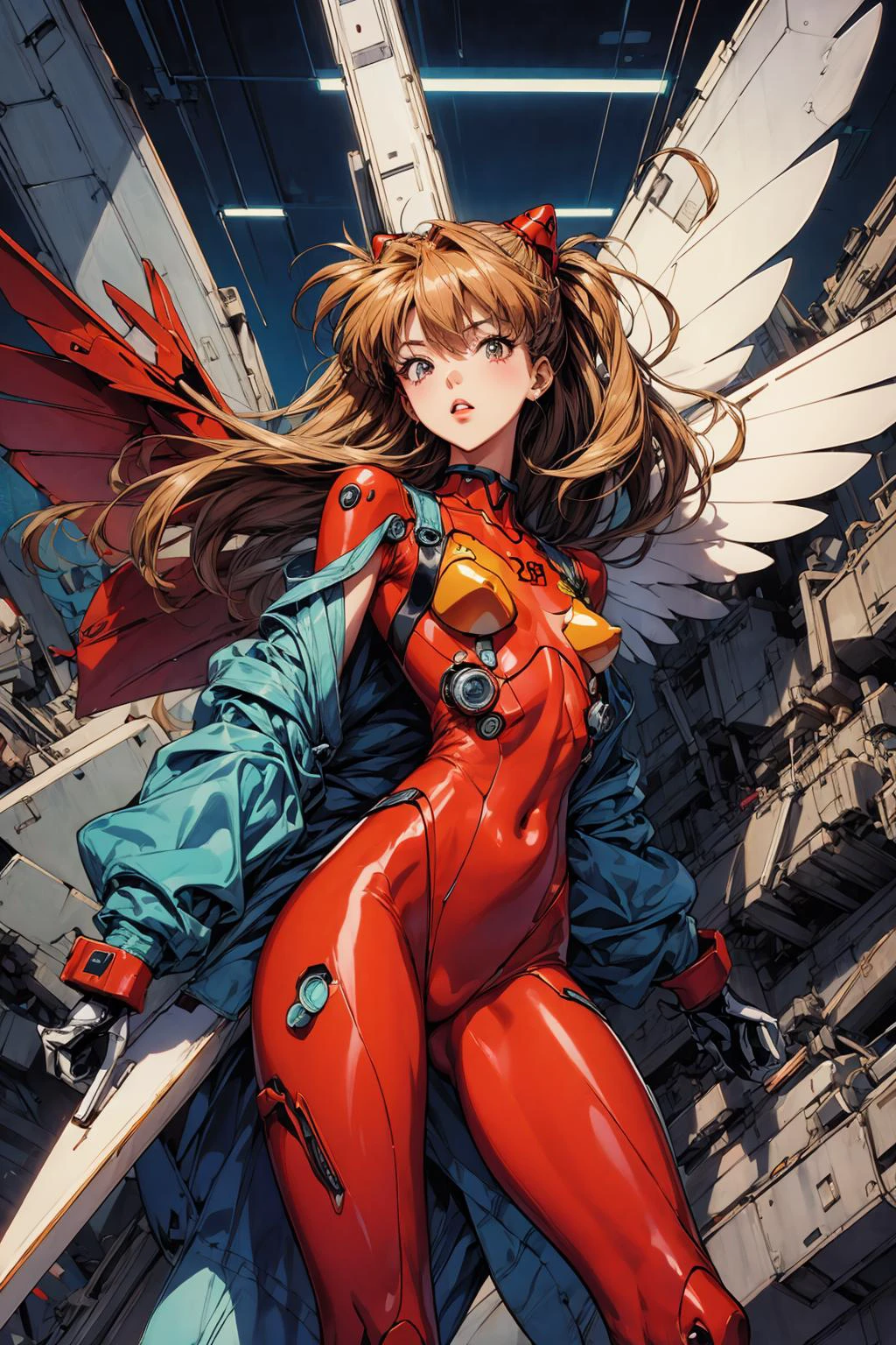 <lora:AstrAnime_RETRO:1> , retro, 90's, flat colors, 1980s \(style\), souryuu asuka langley in bodysuit, wings, mecha, ((((machinery)))), dynamic pose, <lora:add_detail:1>,