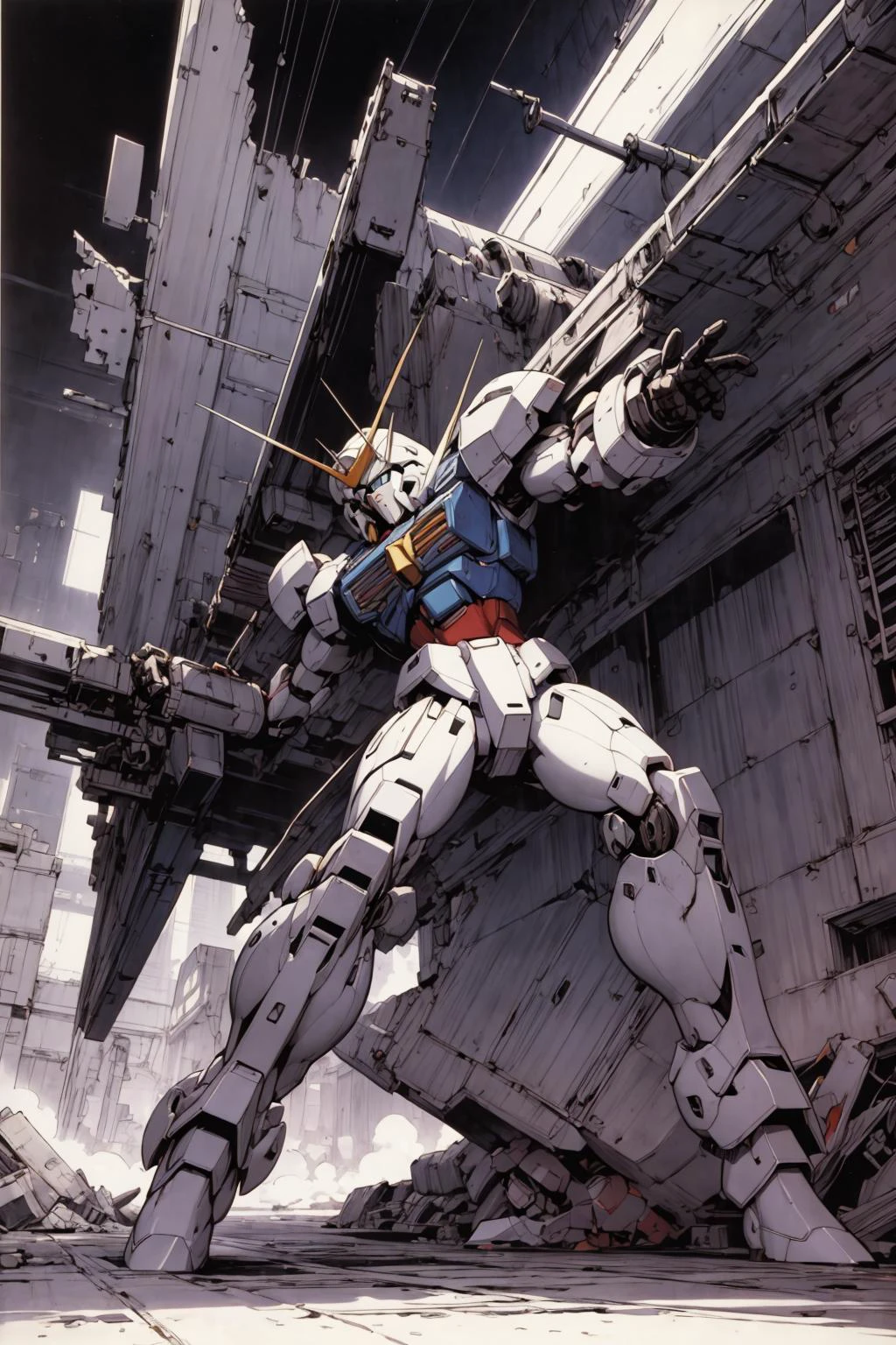 <lora:AstrAnime_RETRO:1> , retro, 90's, flat colors, 1980s \(style\), gundam, ruins, mecha, ((machinery)), dynamic pose, <lora:add_detail:1>, fighting pose, no human, comic, monochrome,