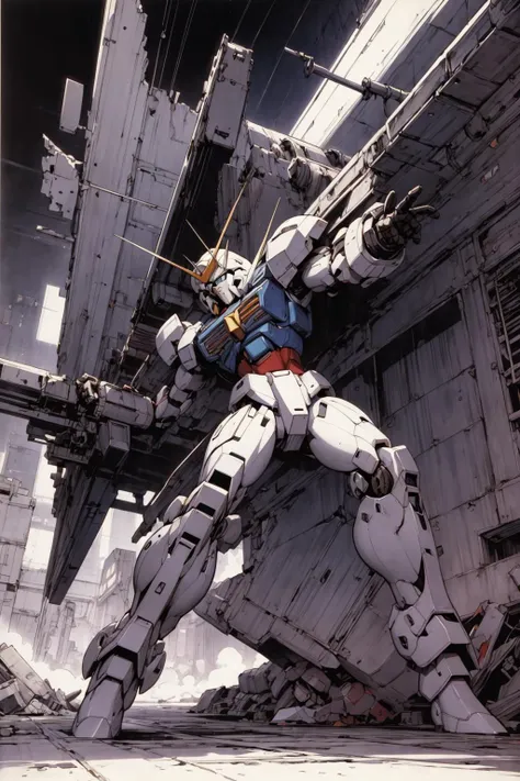 <lora:AstrAnime_RETRO:1> , retro, 90's, flat colors, 1980s \(style\), gundam, ruins, mecha, ((machinery)), dynamic pose, <lora:add_detail:1>, fighting pose, no human, comic, monochrome,