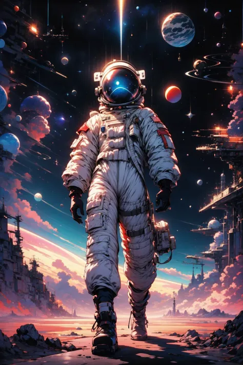 (masterpiece:1.1), (best quality:1.1), (detailed:1.0), BREAK, (90's:1.1), (retro:1.0), (graphic design:1.0), (ink:1.1), (ink blacks:1.0), <lora:AstrAnime_RETRO:1.3> , BREAK, (solo:1.4), (alien landscape:1.1), (astronaut:1.0), (spacesuit:1.0), (space helmet:1.1), (gloves:1.0), (walking:1.0), (exploring:1.0),
