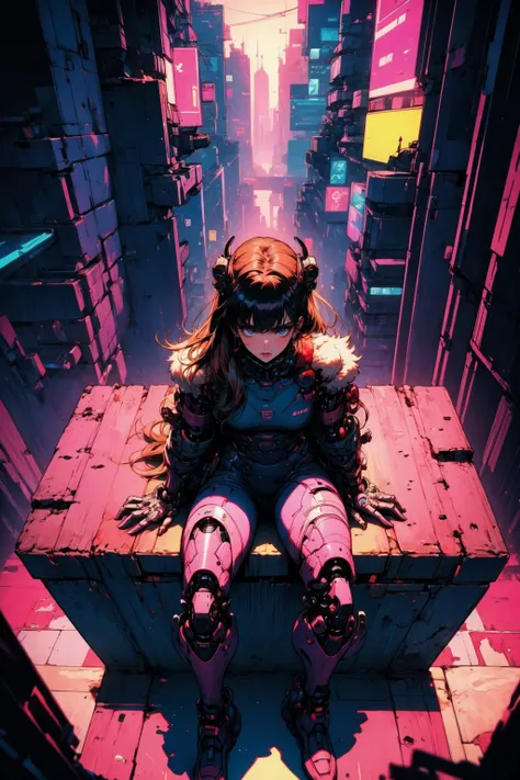 (masterpiece:1.4), (intricate:1.2), (detailed:1.2), (flat colors:1.2), BREAK,
(retro:1.0), (synthwave:1.0), (from above:1.1), BREAK,
(1girl:1.2), (mechanical limbs:1.2), (sitting:1.0), (long hair:1.0), <lora:AstrAnime_RETRO:1.0>, BREAK,
(cyberpunk city:1.1), (night:1.0)