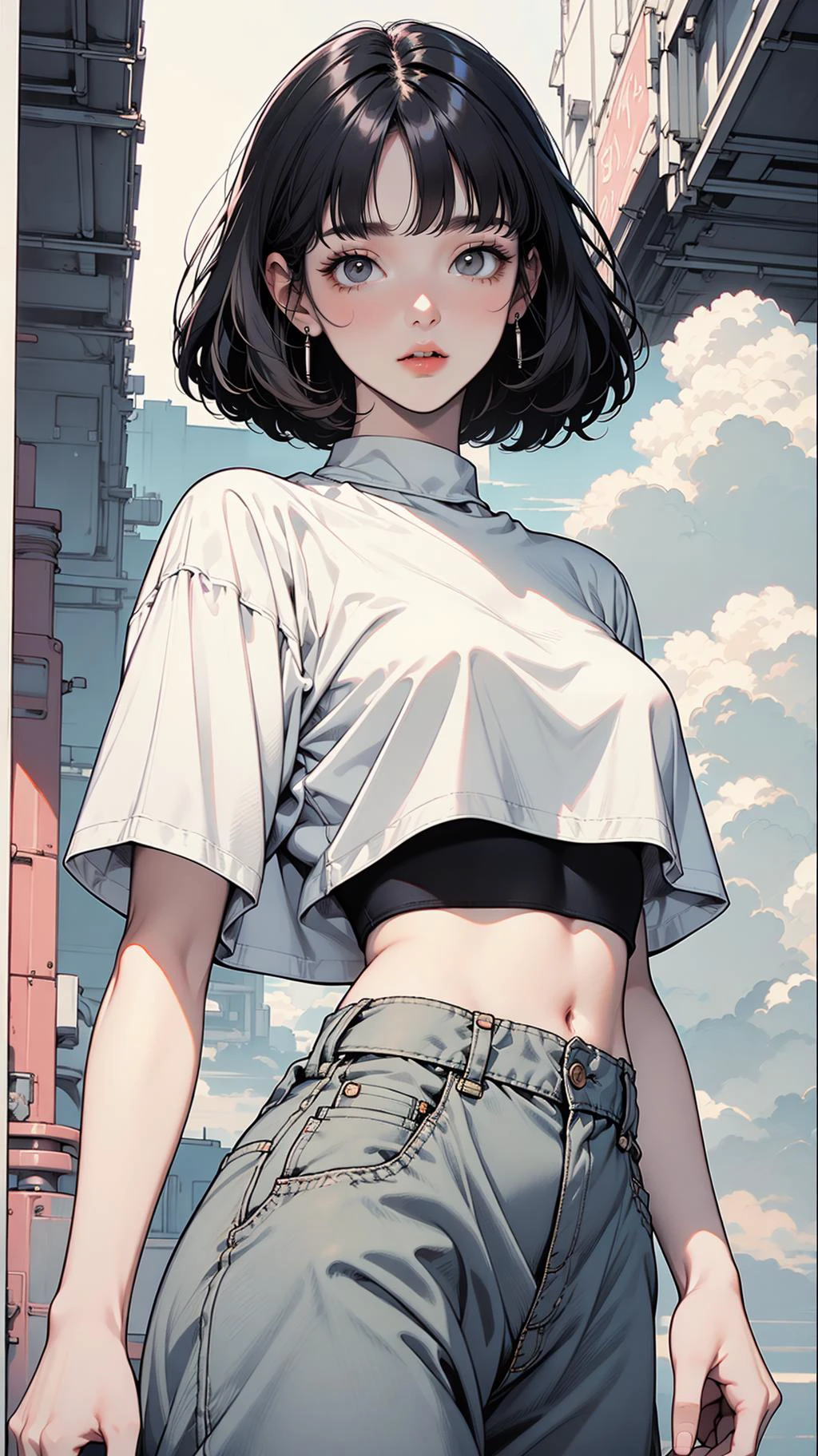 (monochrome, line art, halftone),((startled,full shot body,looking at viewer, )),(,perfect face,black hair,bob cut,blunt bangs, grey eyes,crop top,short sleeves,mary janes,wide hips),(Pastel colors,dreamscape,white sky,fog) <lora:AstrAnime_RETRO:1>