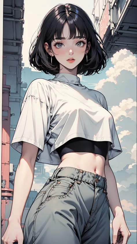 (monochrome, line art, halftone),((startled,full shot body,looking at viewer, )),(,perfect face,black hair,bob cut,blunt bangs, grey eyes,crop top,short sleeves,mary janes,wide hips),(Pastel colors,dreamscape,white sky,fog)  <lora:AstrAnime_RETRO:1>