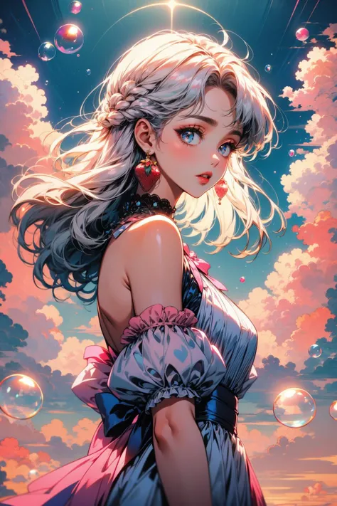 (masterpiece:1.1), (best quality:1.1), (vibrant colors:1.2), BREAK,
(pink and blue:1.2), (clouds:1.0), <lora:AstrAnime_RETRO:1.0>, BREAK,
(side view:1.0), (1girl:1.0), (frilled dress:1.0), (puffy dress:1.0), (strawberry earrings:1.2), (bubbles:1.2), (white hair:1.1), (blue bow:1.0), (looking at viewer:1.2), (parted lips:1.0), (bare shoulders:1.0), (among the clouds:1.0)