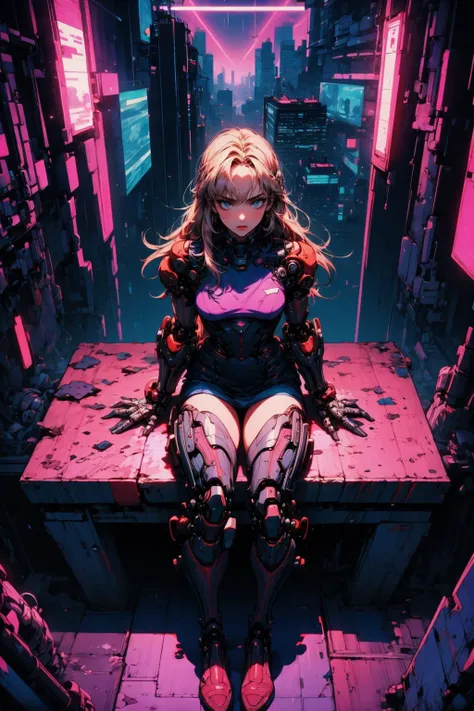 (masterpiece:1.4), (intricate:1.2), (detailed:1.2), (flat colors:1.2), BREAK,
(retro:1.0), (synthwave:1.0), (from above:1.1), BREAK,
(1girl:1.2), (mechanical limbs:1.2), (sitting:1.0), (sad:1.0), (long hair:1.0), <lora:AstrAnime_RETRO:1.0>, BREAK,
(cyberpunk city:1.1), (night:1.0)