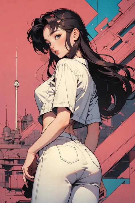 woman, 90's, retro, crop top, (flat colors, flat texture, lineart:1.2), gigantic breasts, graphical design, view from behind
<lora:AstrAnime_RETRO:1>