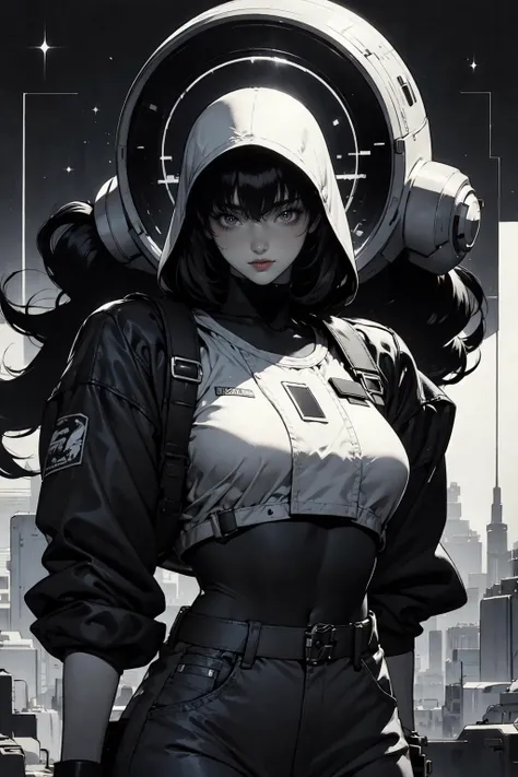 (((best qualityer))), (((manga strokes))), A young woman in cyberpunk style wearing a black and red futuristic urban outfit, devilish smile, pose de atitude, vampire-like nocturnal creature, cabelo espetado manga style, 独奏, overcoat with large collar, chains and zippers spread across clothes, contrasting colours, pose de atitude, hair with a modern and futuristic cut, urban game poster art, dramatic camera angles, graffiti art elements in the background, design mixing contemporary and retro by Shepard Fairey, (((cowboy shot))), (((best qualityer: 1.4))), (Unbeatable masterpiece), (hiper HD),(CG 8k hyper-realistic), Kizi, (((standing alone))), pirralha violent, (((14歳))), sexly, pose de atitude, work of art, post-apocalypse, (((manga style))), bounty hunter, violent, Manic, the way you want, slenderbody, thin but strong, perfectbody, roupa moderna, advanced technology, neon, sleeves with vertical striped pattern, neutral background, (( cowboy shot )). intricate visual