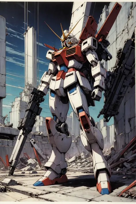 <lora:AstrAnime_RETRO:1> , retro, 90's, flat colors, 1980s \(style\), gundam, ruins, mecha, ((machinery)), <lora:add_detail:1>, no human, comic, monochrome,